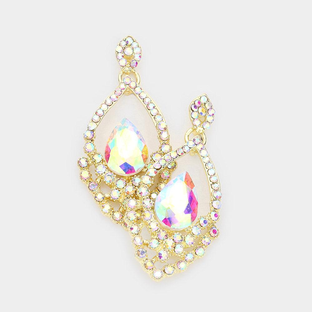 Gold Marquise Stone Accented Rhinestone Pave Evening Earrings