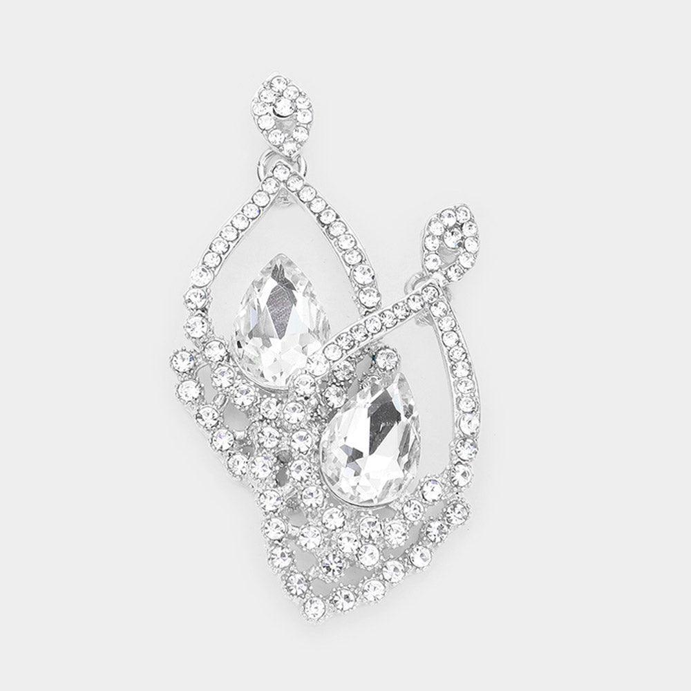 Silver Marquise Stone Accented Rhinestone Pave Evening Earrings