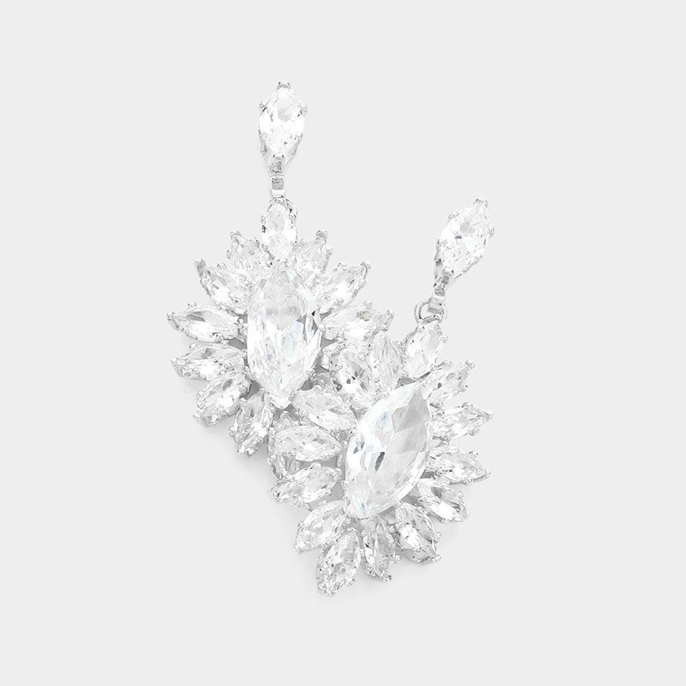 Silver Marquise Stone Cluster Dangle Evening Earrings - Jewelry Store by Erik Rayo