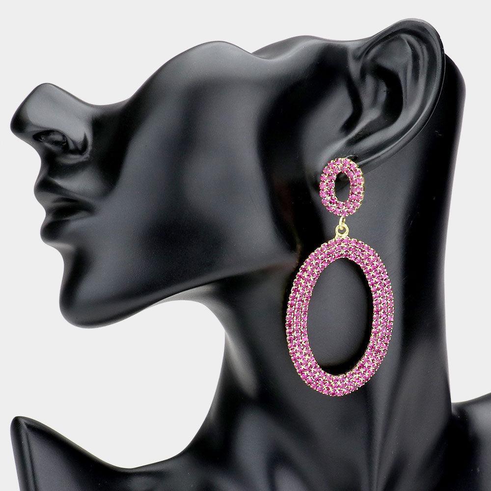 Fuchsia Rhinestone Double Open Oval Link Evening Earrings - Jewelry Store by Erik Rayo