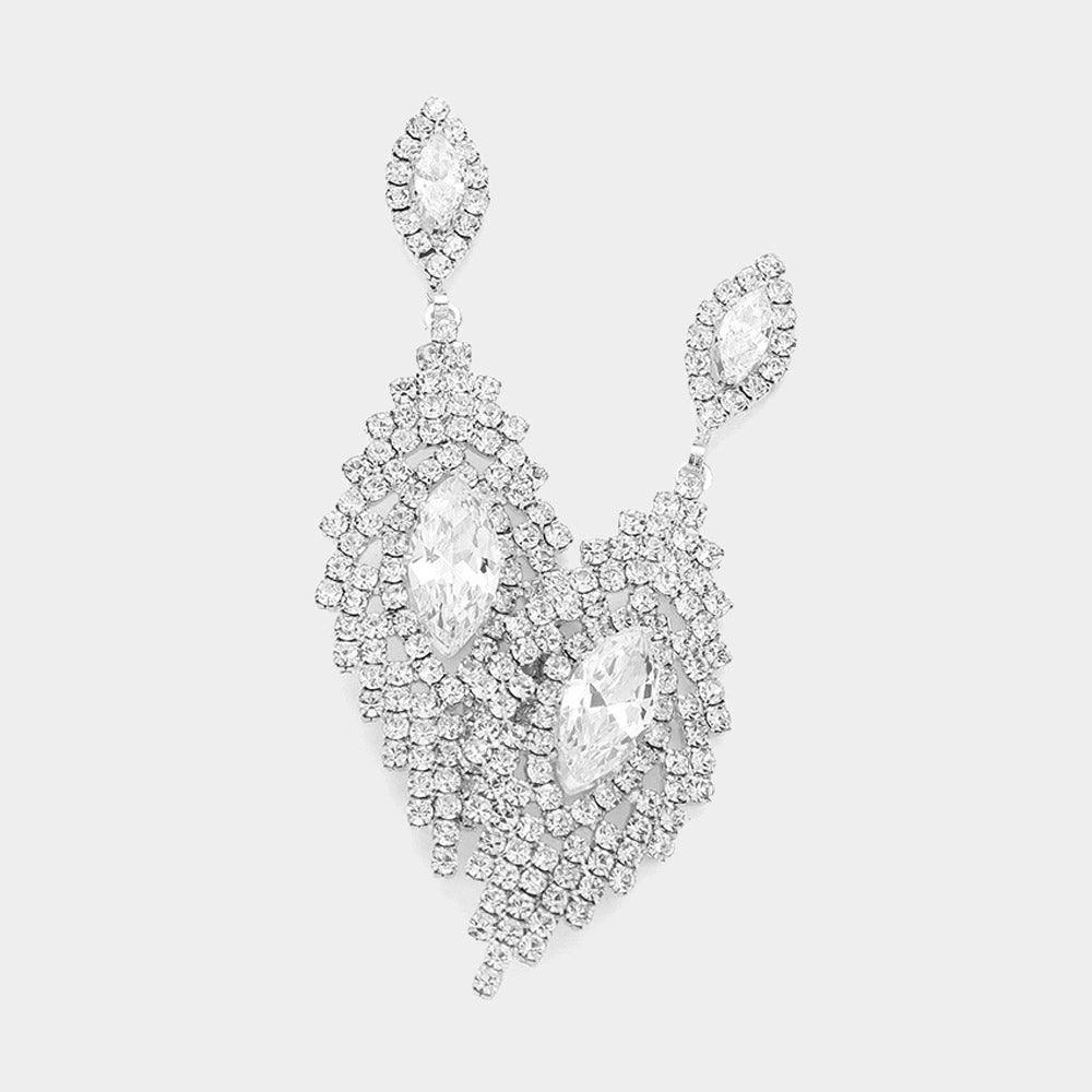 Silver Marquise CZ Stone Pointed Evening Dangle Earrings
