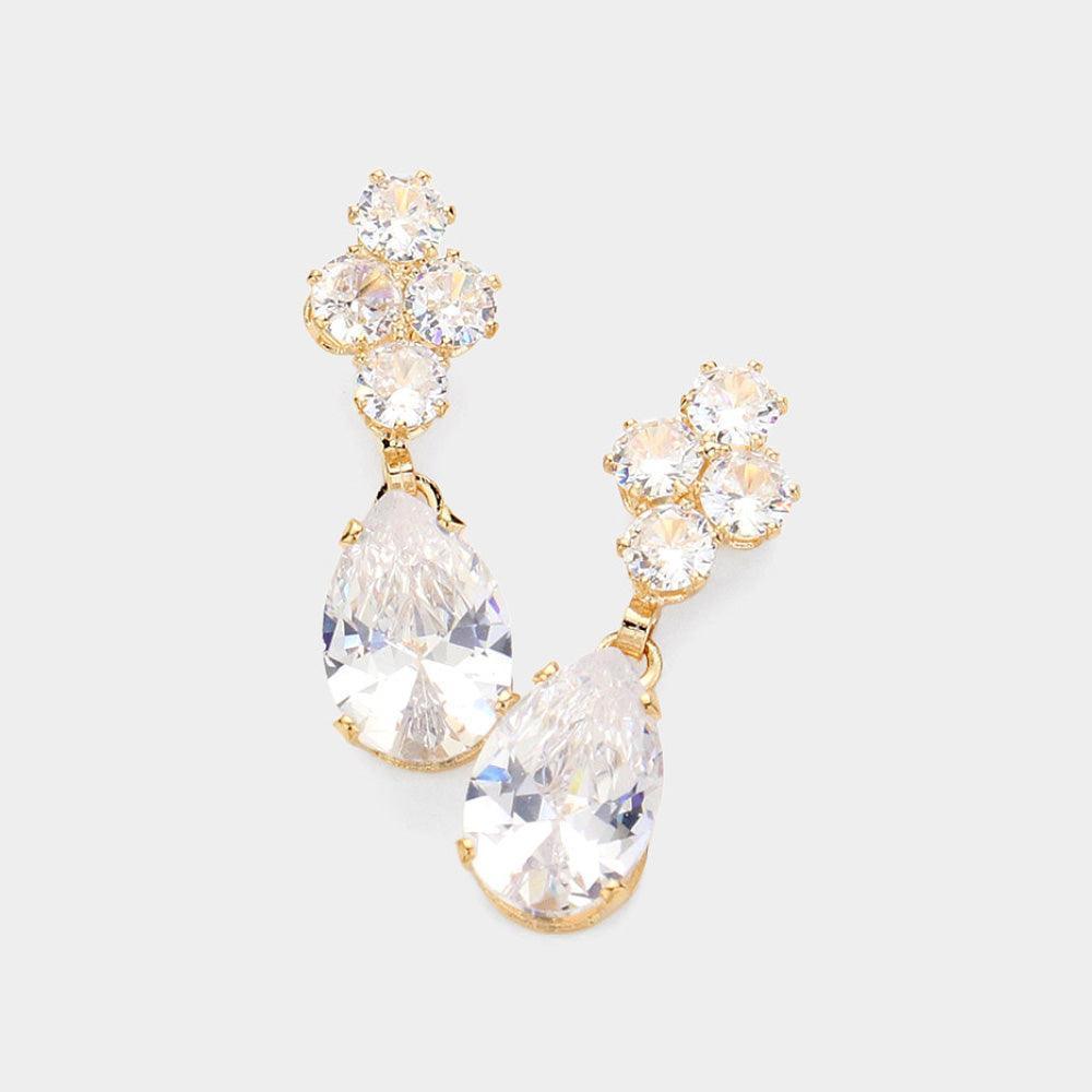 Gold Teardrop CZ Stone Dangle Evening Earrings