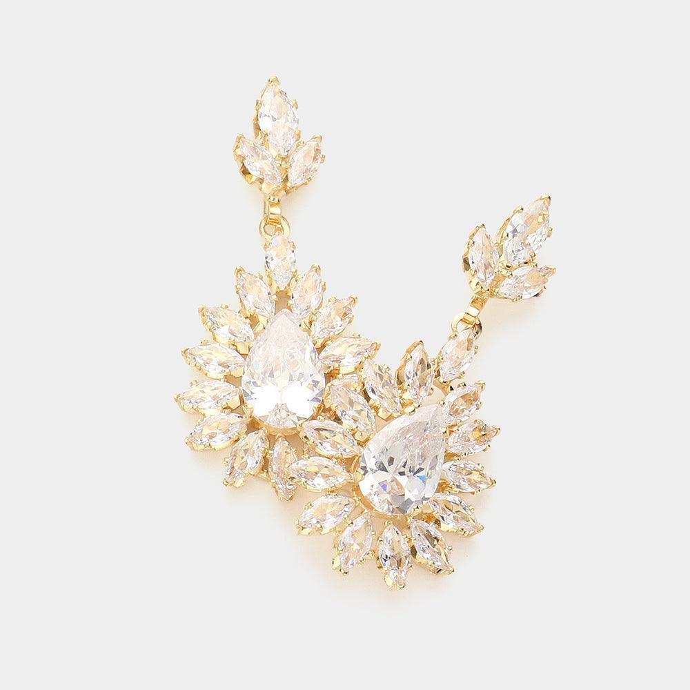 Gold CZ Teardrop Stone Pointed Marquise Stone Embellished Dangle Evening Earrings