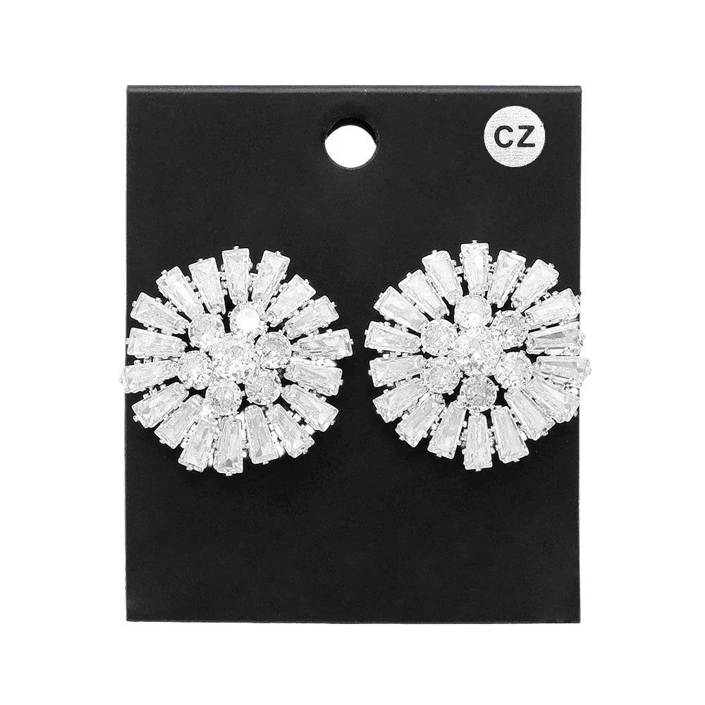 Silver CZ Stone Embellished Flower Stud Evening Earrings - Jewelry Store by Erik Rayo