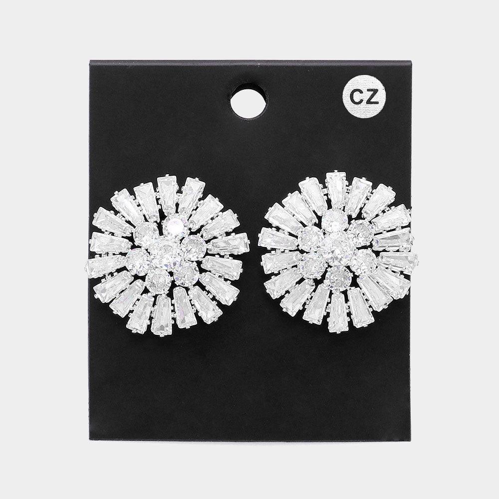 Silver CZ Stone Embellished Flower Stud Evening Earrings - Jewelry Store by Erik Rayo