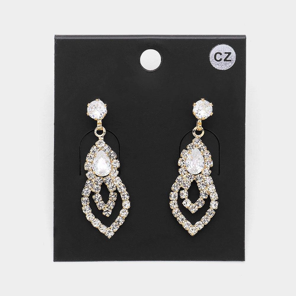 Gold CZ Teardrop Stone Pointed Rhinestone Paved Evening Earrings