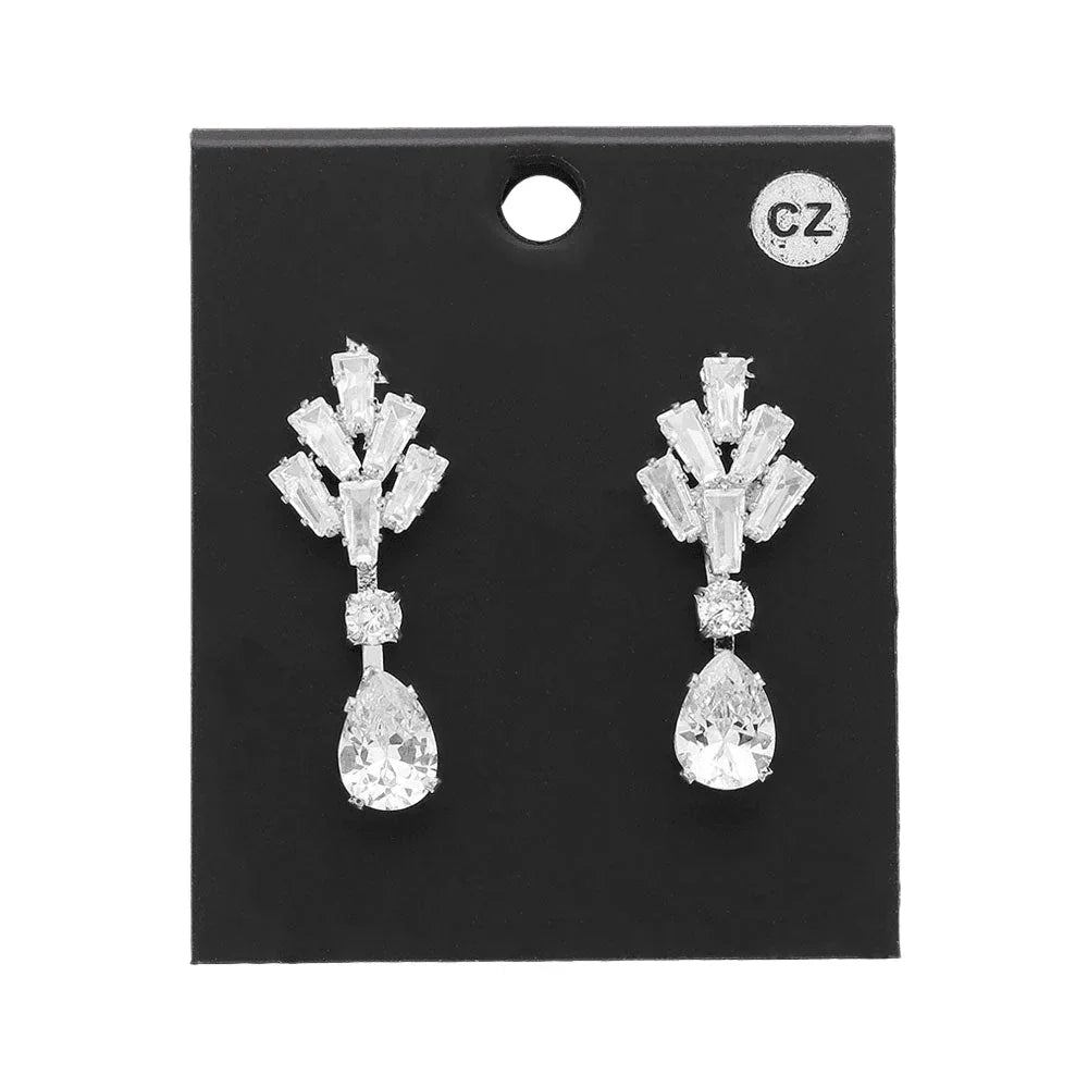 Silver CZ Teardrop Stone Pointed Dangle Evening Earrings