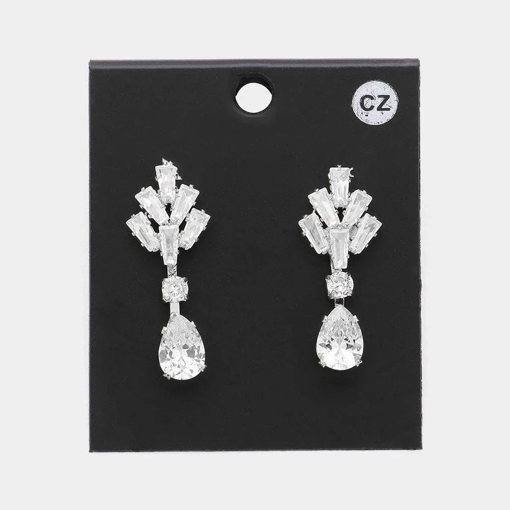 Silver CZ Teardrop Stone Pointed Dangle Evening Earrings - Jewelry Store by Erik Rayo