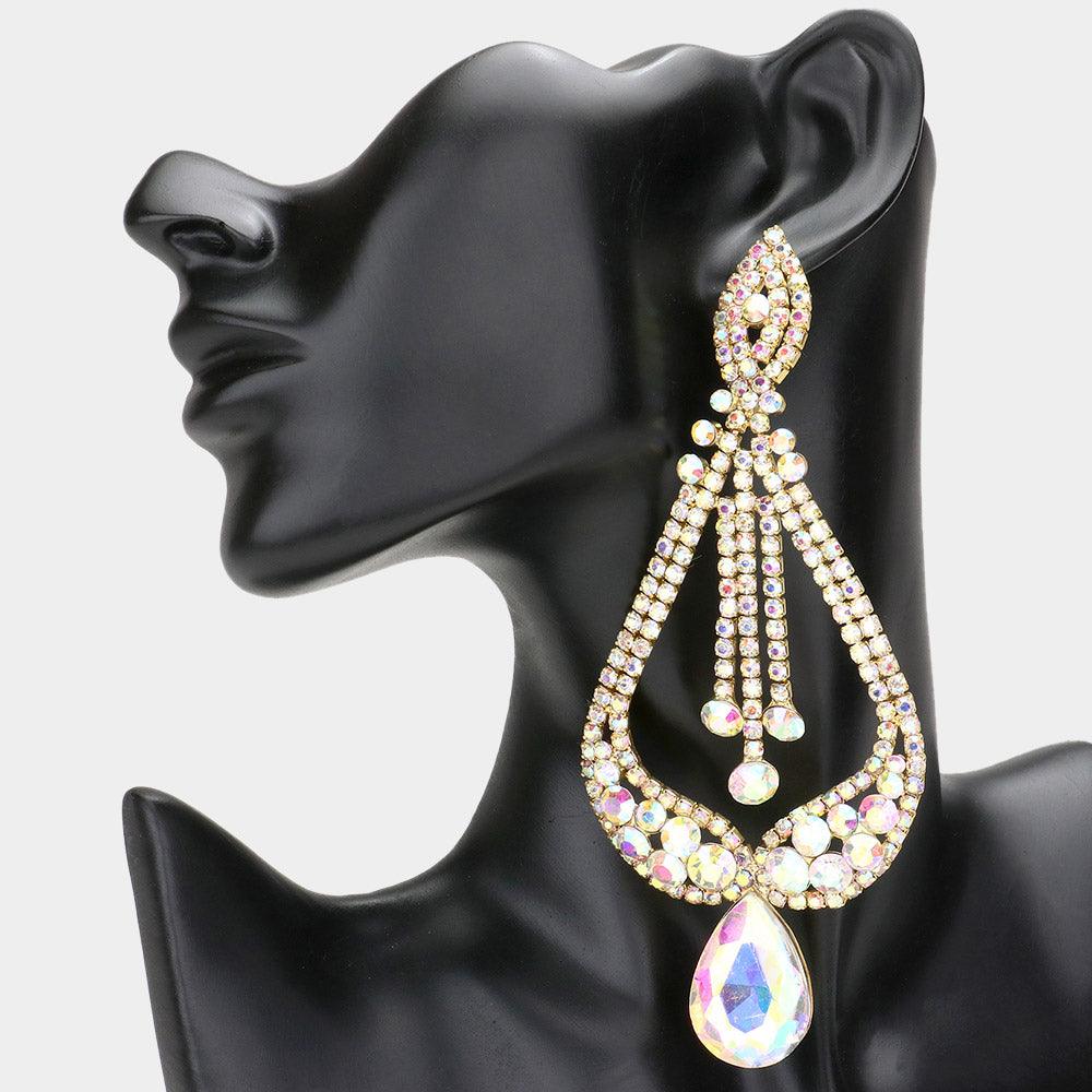 Gold Oversized Pave Glass Teardrop Chandelier Evening Earrings