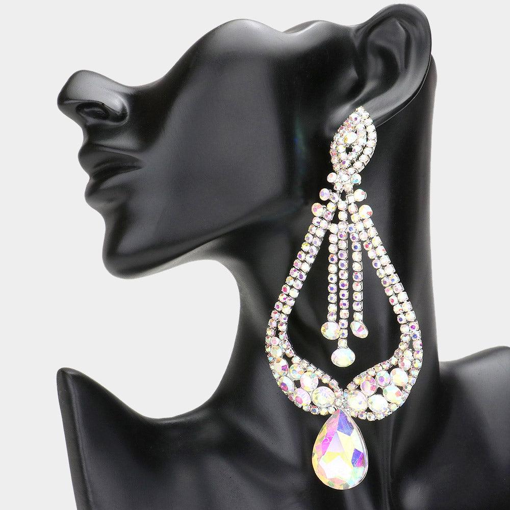 Silver Oversized Pave Glass Teardrop Chandelier Evening Earrings