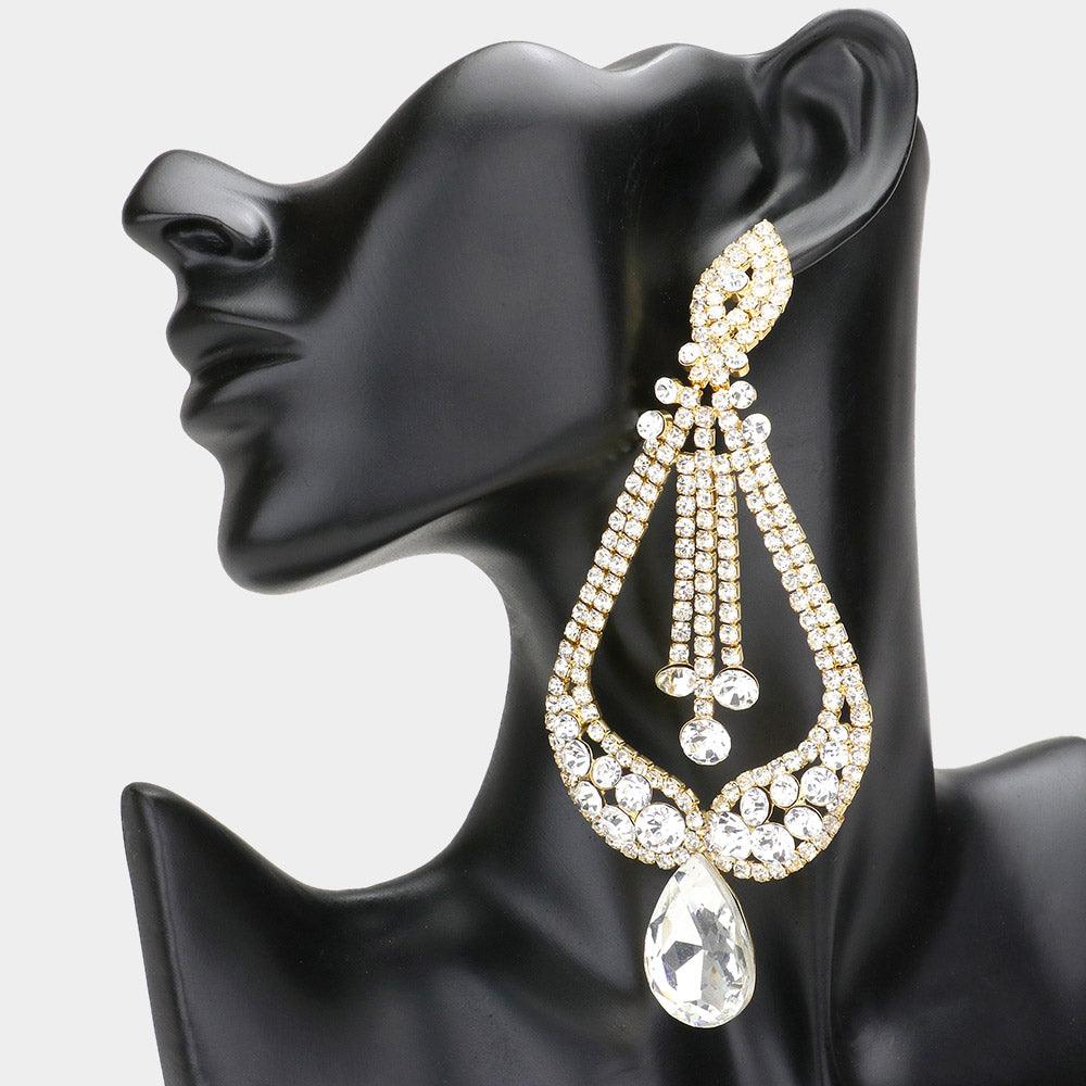 Gold Oversized Pave Glass Teardrop Chandelier Evening Earrings