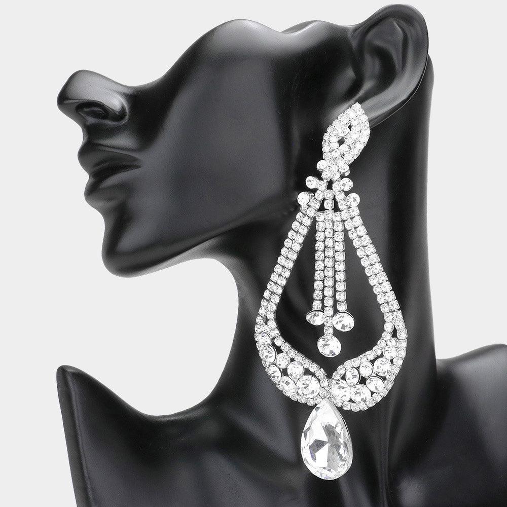 Silver Oversized Pave Glass Teardrop Chandelier Evening Earrings - Jewelry Store by Erik Rayo