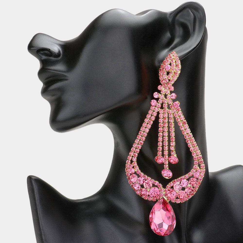 Pink Oversized Pave Glass Teardrop Chandelier Evening Earrings - Jewelry Store by Erik Rayo