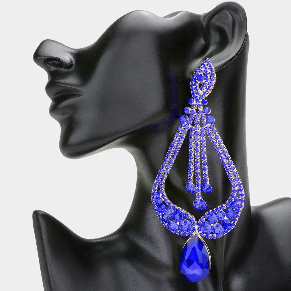 Blue Oversized Pave Glass Teardrop Chandelier Evening Earrings - Jewelry Store by Erik Rayo
