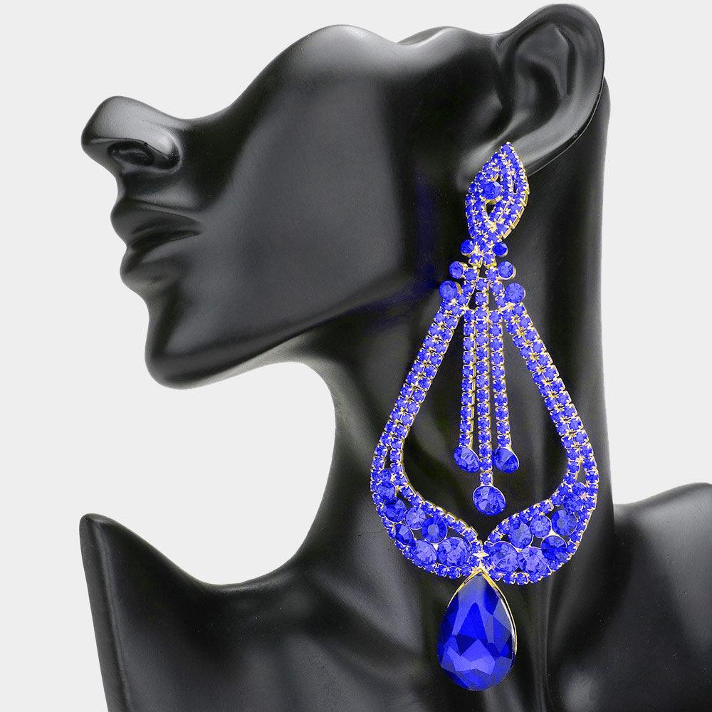 Blue Oversized Pave Glass Teardrop Chandelier Evening Earrings