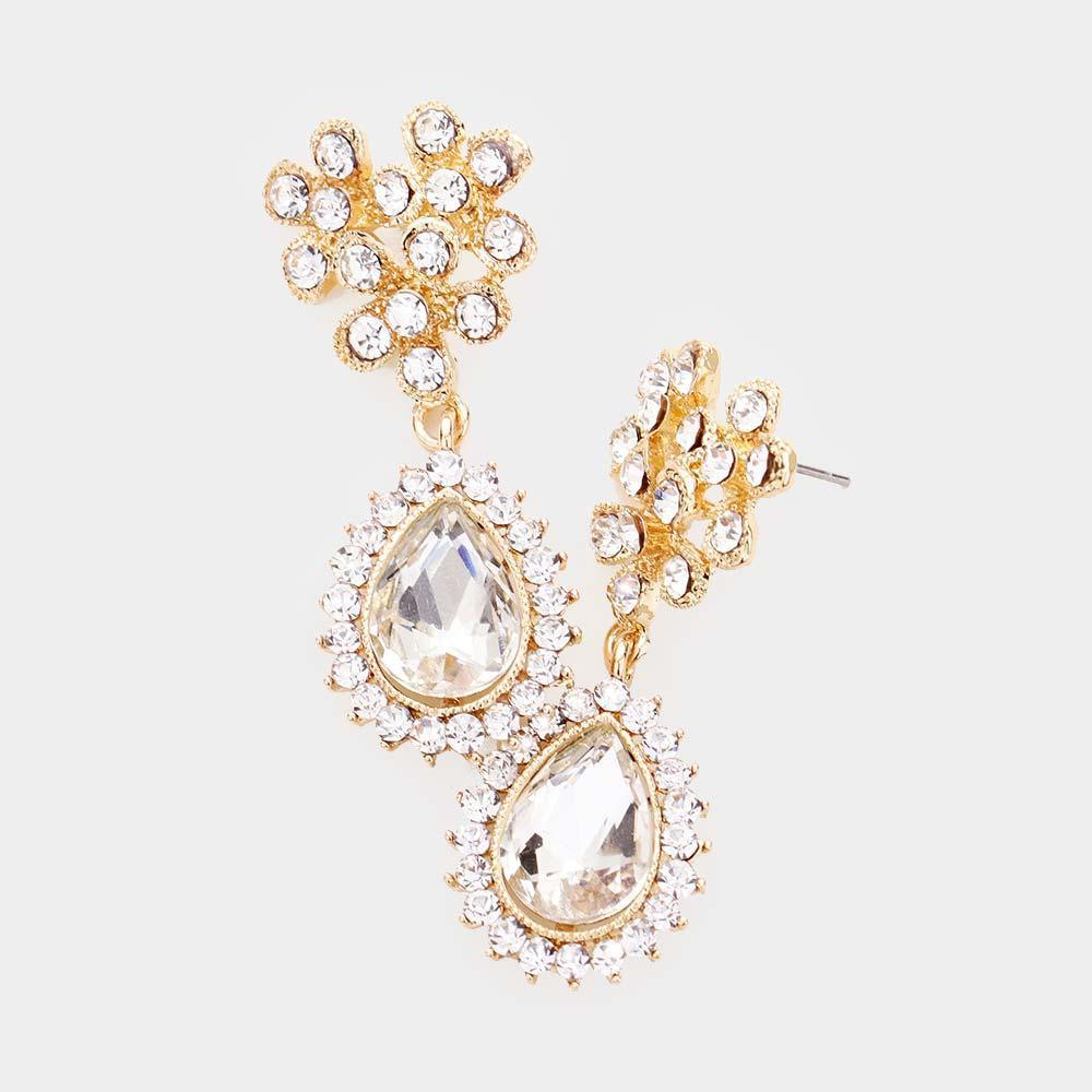 Gold Teardrop Crystal Cluster Rhinestone Evening Earrings - Jewelry Store by Erik Rayo