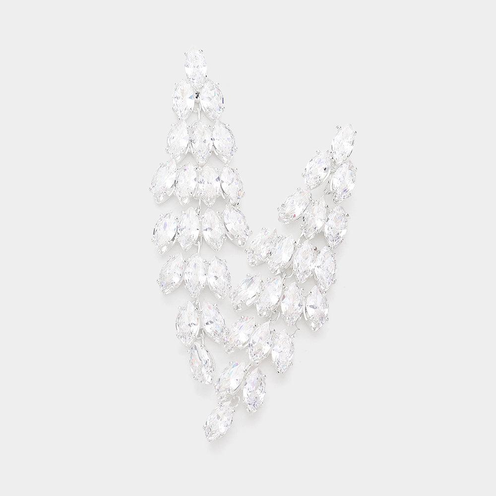 Silver Marquise CZ Stone Embellished Chandelier Evening Earrings