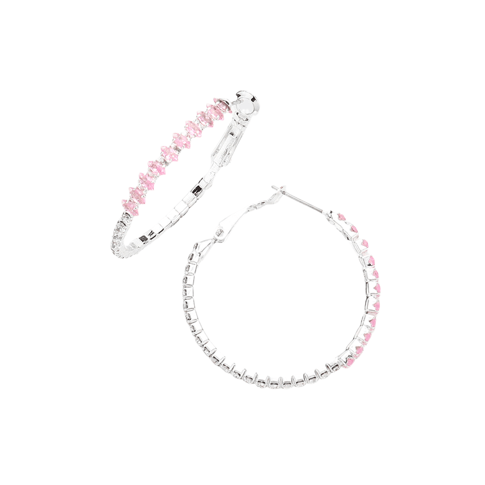 Pink CZ Stone Paved Hoop Evening Earrings