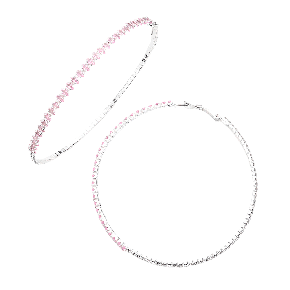 Pink CZ Stone Paved Hoop Evening Earrings