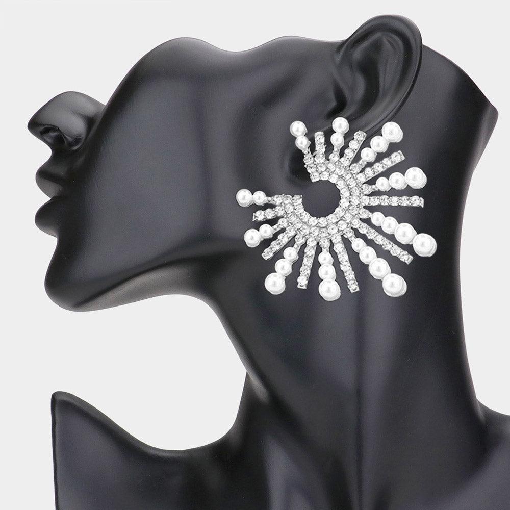 White Pearl Accented Rhinestone Paved Starburst Evening Earrings