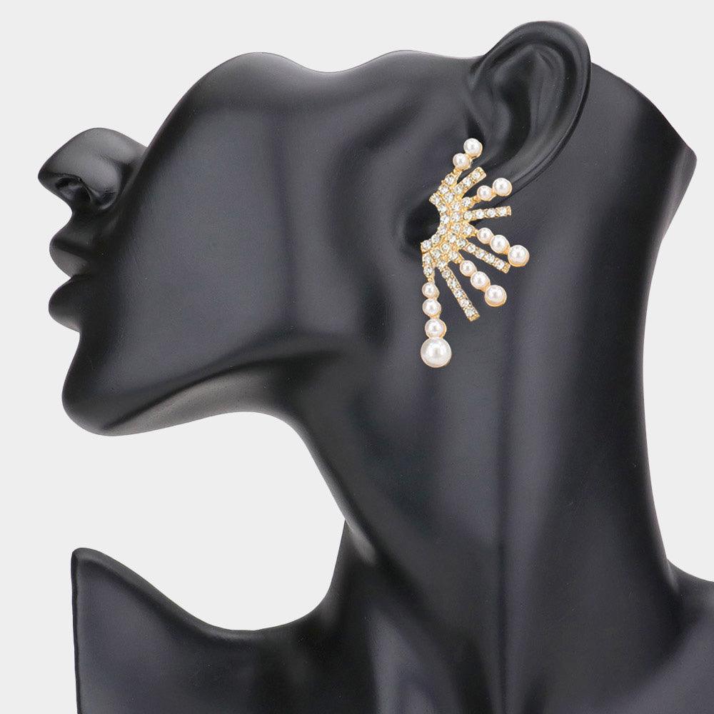 Cream Pearl Pointed Rhinestone Paved Half Starburst Evening Earrings - Jewelry Store by Erik Rayo