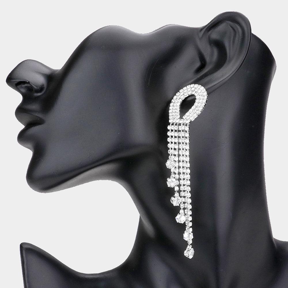 Silver Round Stone Pointed Rhinestone Fringe Dangle Evening Earrings