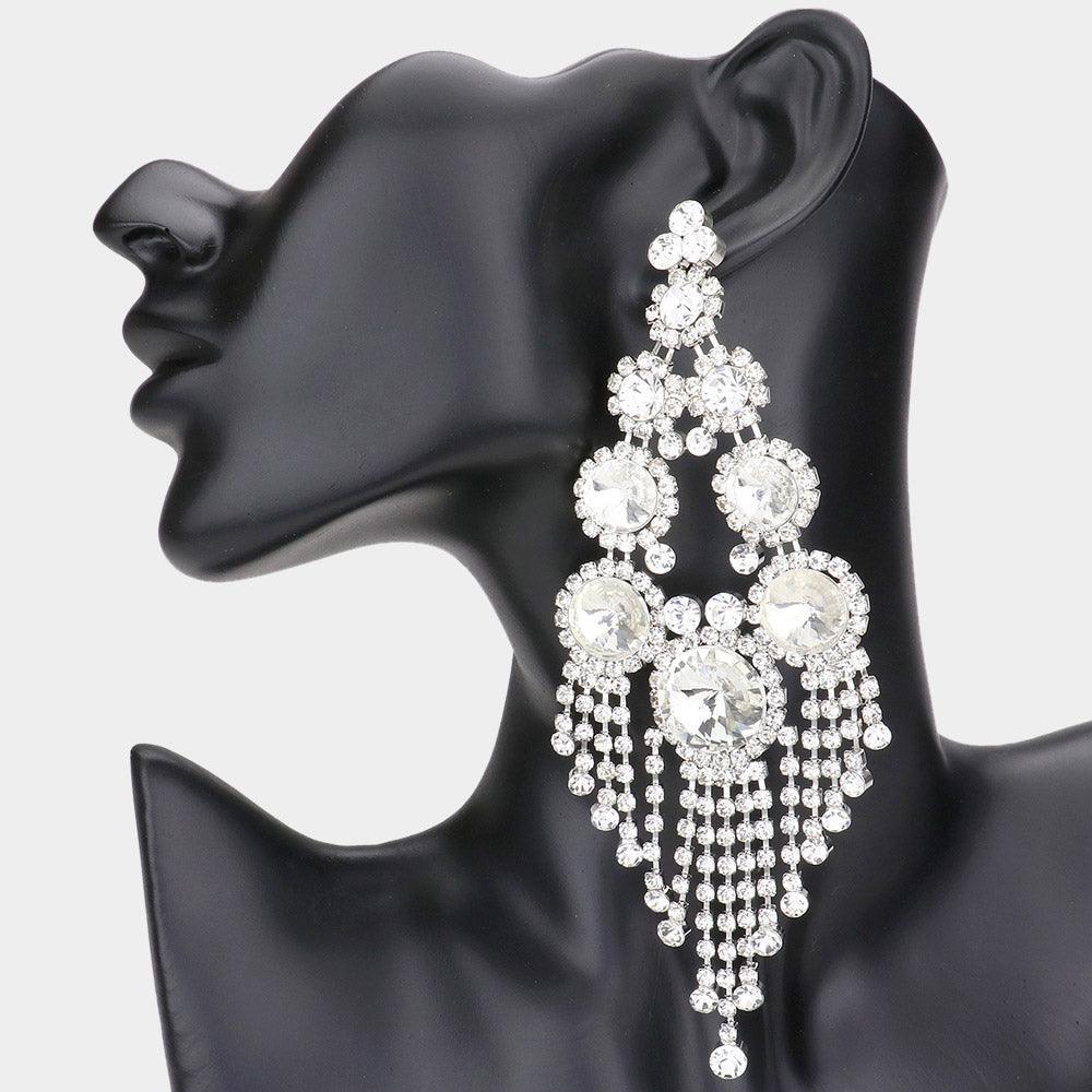 Silver Oversized Pave Stone Fringe Chandelier Evening Earrings - Jewelry Store by Erik Rayo