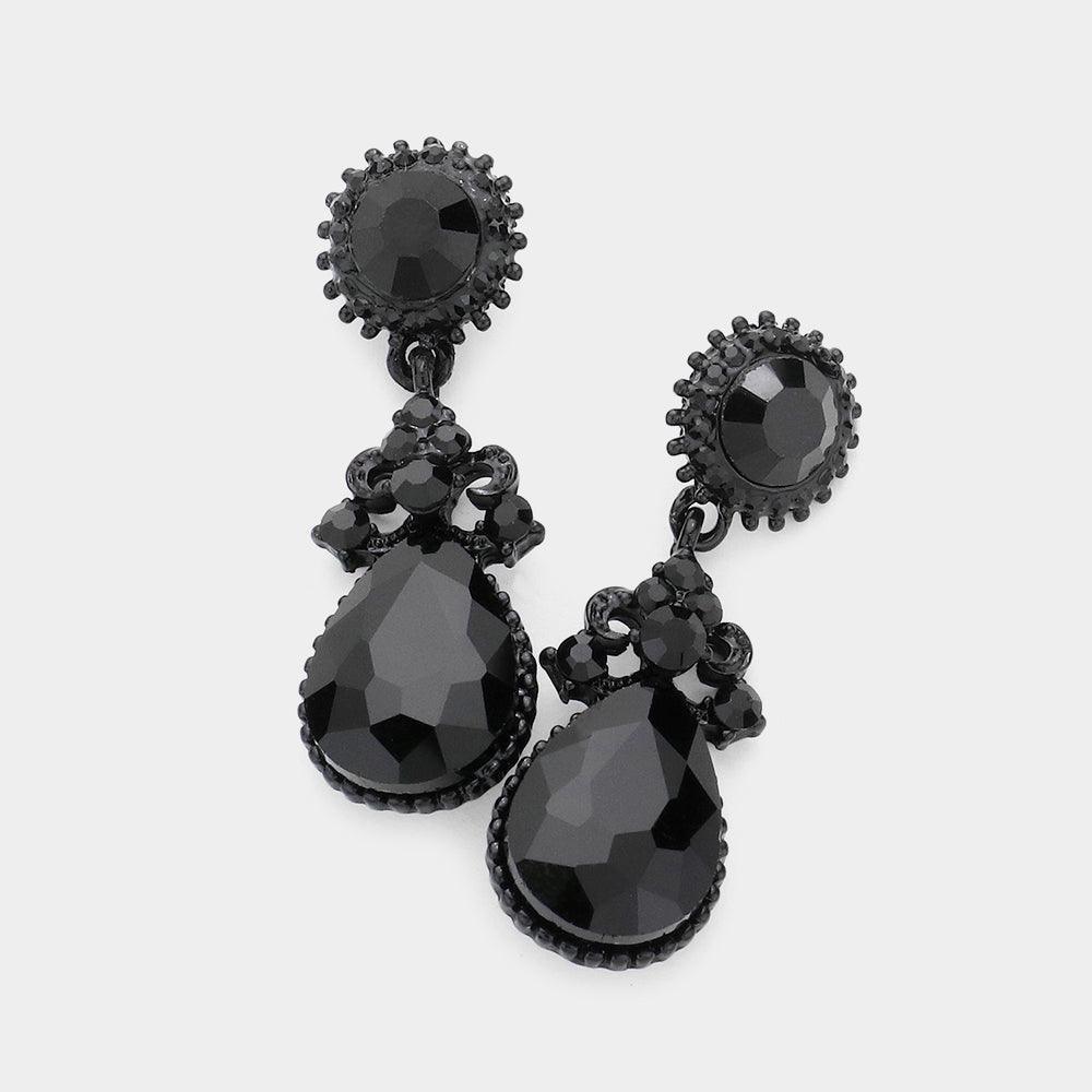 Black Glass Crystal Teardrop Dangle Evening Earrings - Jewelry Store by Erik Rayo