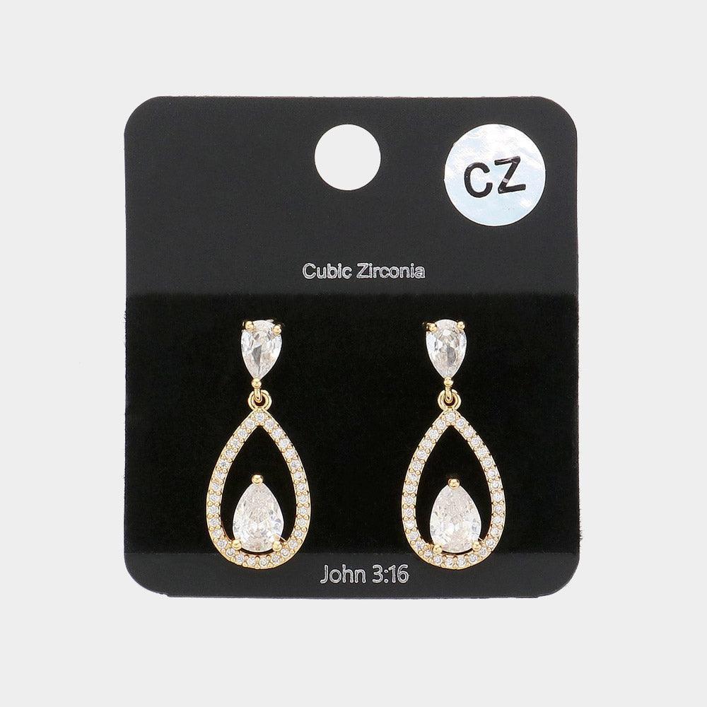 Clear Teardrop CZ Stone Pointed Dangle Evening Earrings - Jewelry Store by Erik Rayo