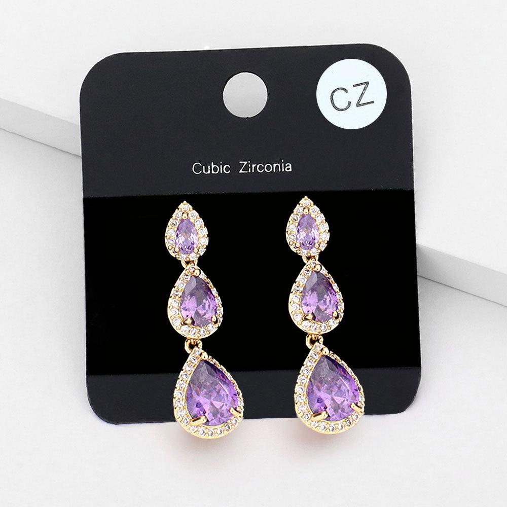 Clear Cubic Zirconia Triple Teardrop Link Evening Earrings