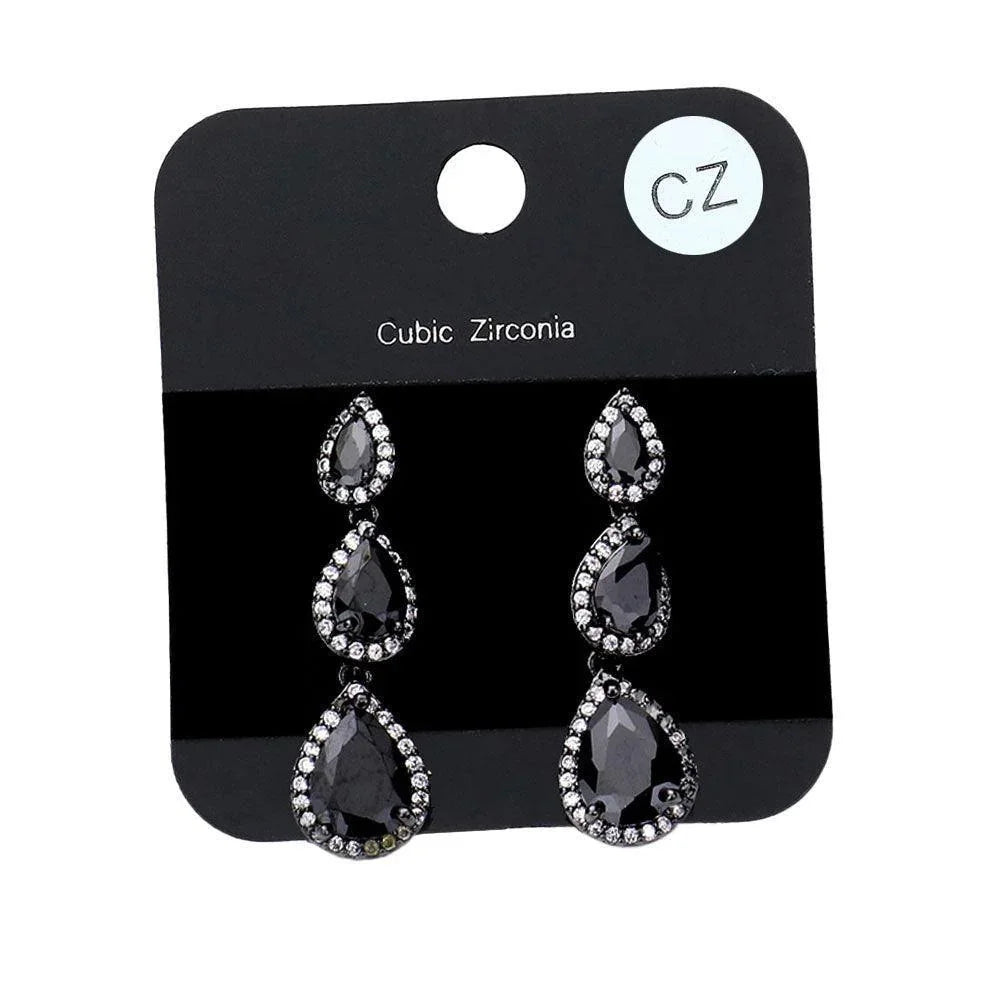 Black Cubic Zirconia Triple Teardrop Link Evening Earrings - Jewelry Store by Erik Rayo