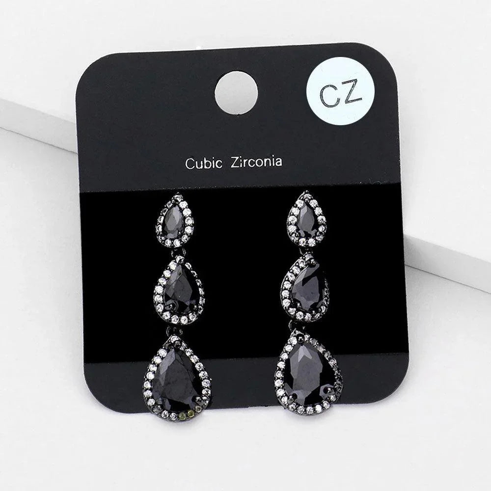 Black Cubic Zirconia Triple Teardrop Link Evening Earrings - Jewelry Store by Erik Rayo