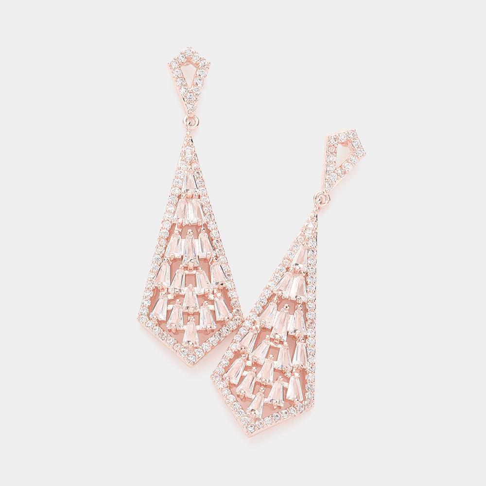 Rose Gold CZ Tapered Baguette Stone Cluster Dangle Evening Earrings - Jewelry Store by Erik Rayo