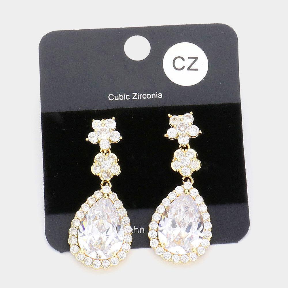 Gold CZ Flower Detail Teardrop Dangle Evening Earrings - Jewelry Store by Erik Rayo