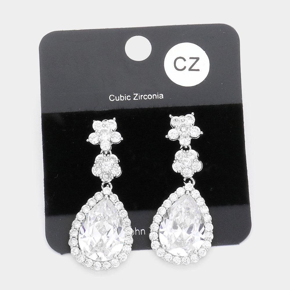 CZ Flower Detail Teardrop Dangle Evening Earrings - Jewelry Store by Erik Rayo
