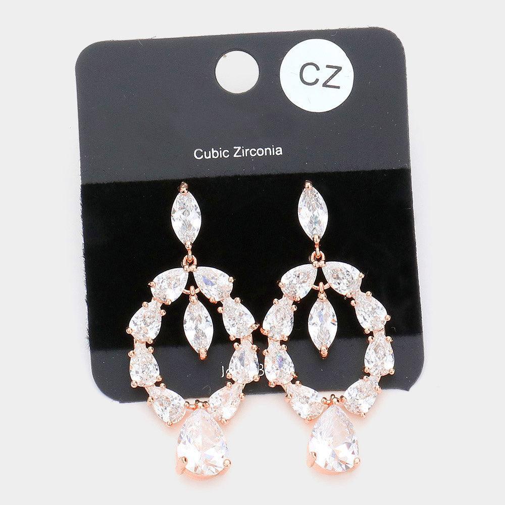 Rose Gold CZ Marquise Stone Centered Teardrop Dangle Evening Earrings - Jewelry Store by Erik Rayo