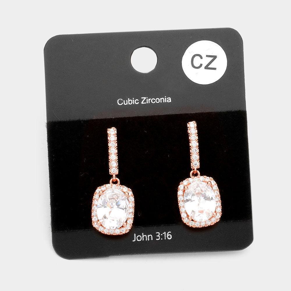 Rose Gold CZ Oval Accented Dangle Evening Earrings - Jewelry Store by Erik Rayo