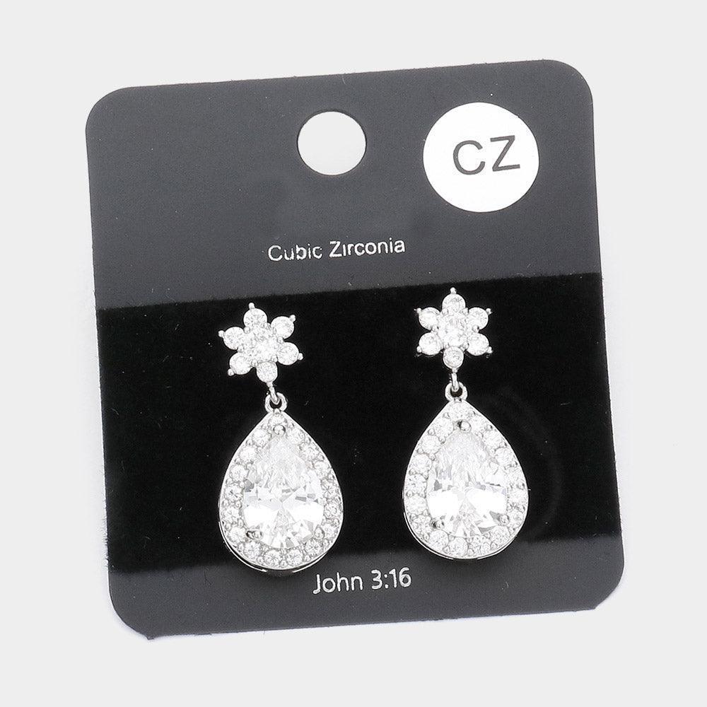 CZ Flower Accented Teardrop Dangle Evening Earrings - Jewelry Store by Erik Rayo