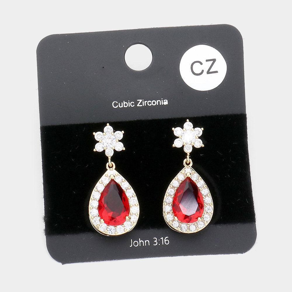 CZ Flower Accented Teardrop Dangle Evening Earrings - Jewelry Store by Erik Rayo