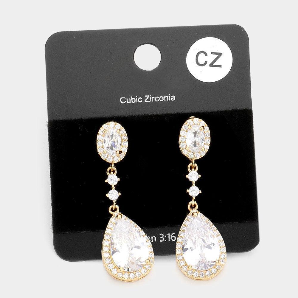 Gold CZ Teardrop Accented Dangle Evening Earrings - Jewelry Store by Erik Rayo