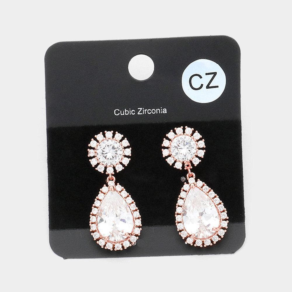 Rose Gold CZ Teardrop Stone Dangle Evening Earrings - Jewelry Store by Erik Rayo