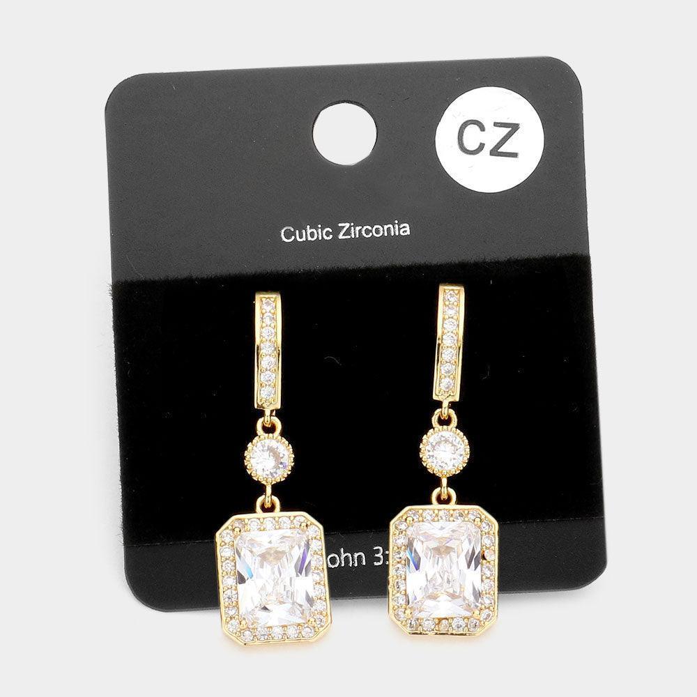 Gold CZ Emerald Cut Accented Dangle Evening Earrings - Jewelry Store by Erik Rayo