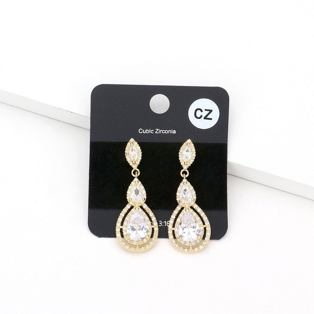 Gold CZ Marquise Teardrop Link Dangle Evening Earrings