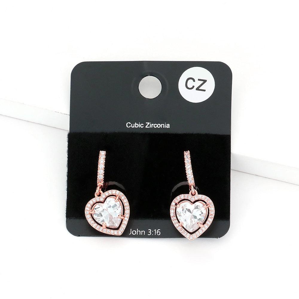 Rose Gold CZ Heart Dangle Huggie Evening Earrings