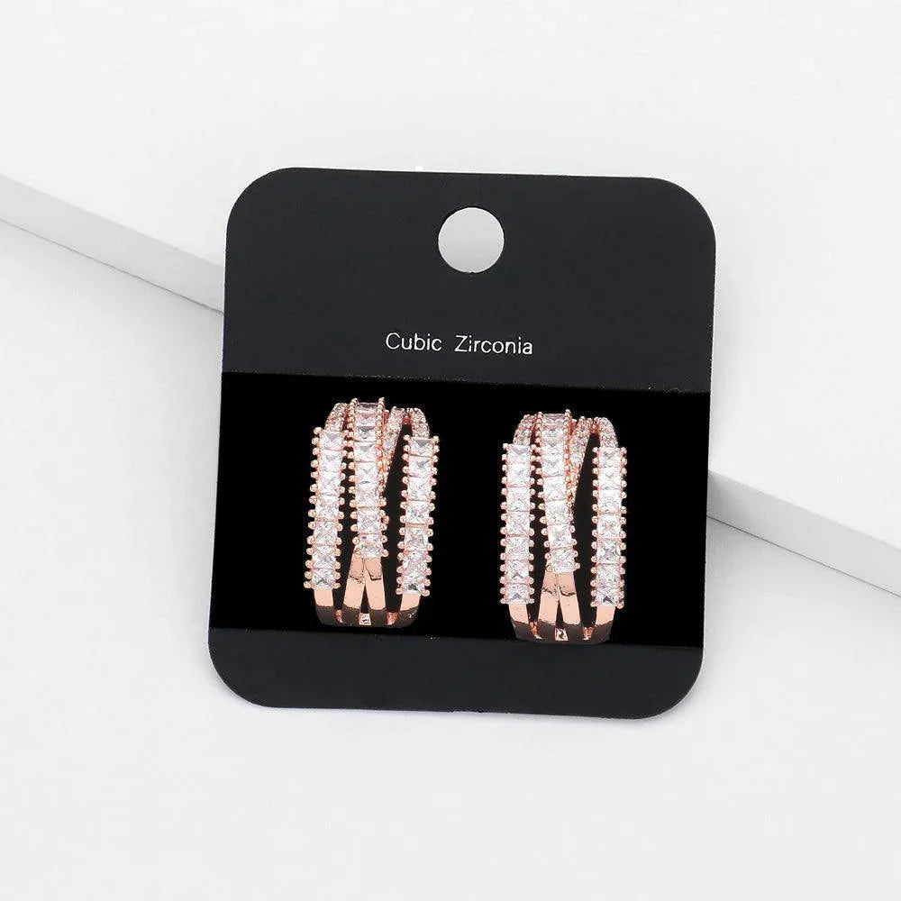 Rose Gold CZ Embellished Half Hoop Evening Earrings - Jewelry Store by Erik Rayo