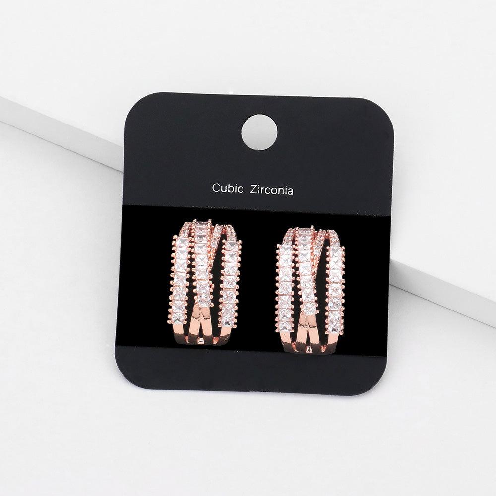 Rose Gold CZ Embellished Half Hoop Evening Earrings