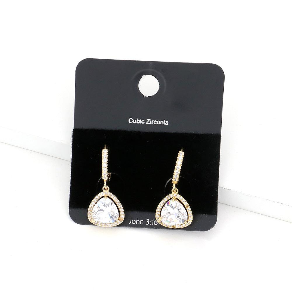 Gold CZ Stone Triangle Evening Huggie Earrings