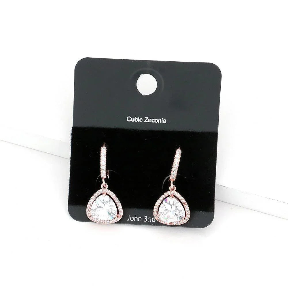 Rose Gold CZ Stone Triangle Evening Huggie Earrings - Jewelry Store by Erik Rayo