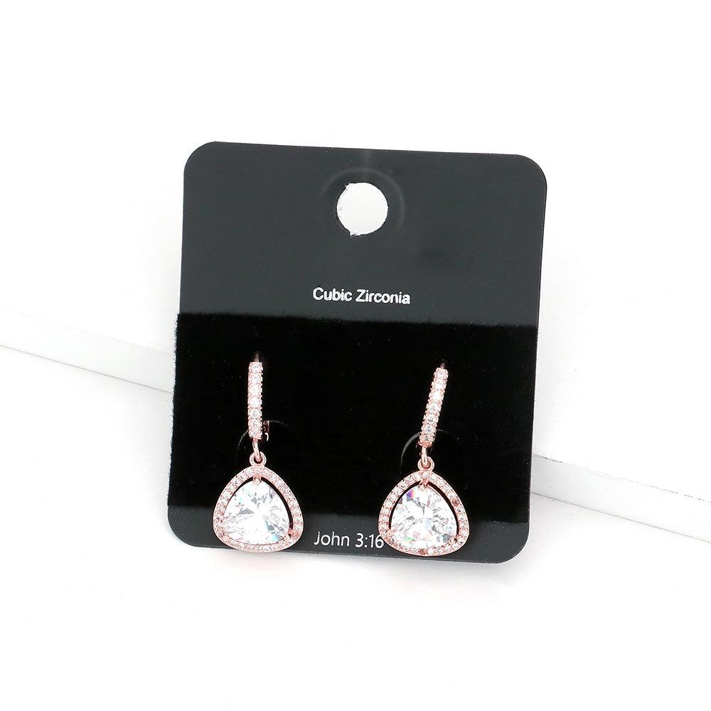 Rose Gold CZ Stone Triangle Evening Huggie Earrings