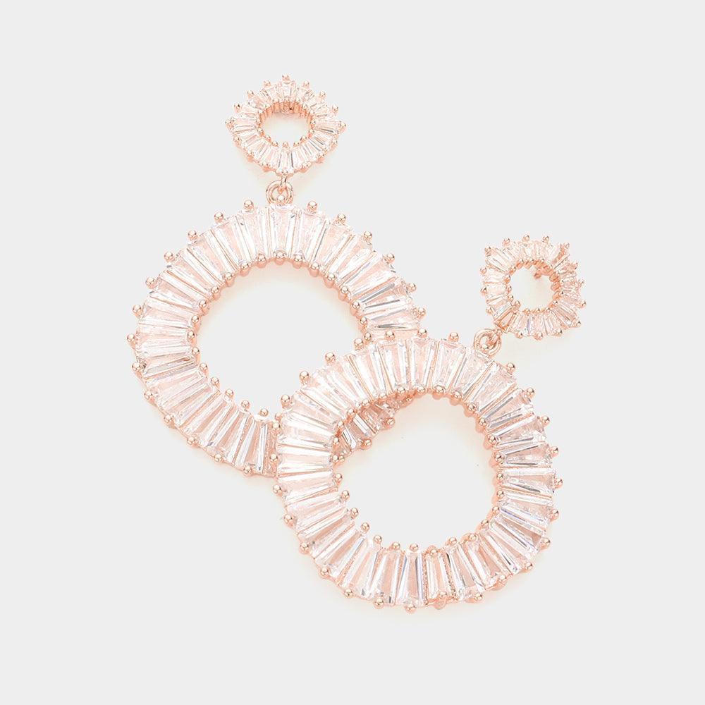 Rose Gold CZ Tapered Baguette Stone Cluster Open Circle Dangle Evening Earrings - Jewelry Store by Erik Rayo